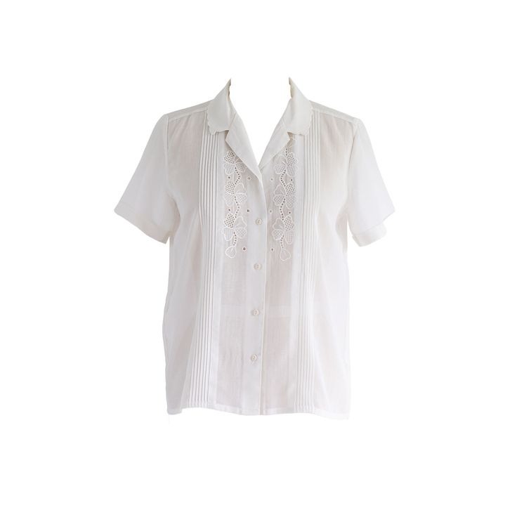 Step into a world of ethereal beauty with our Sugar Cream Vintage polyester blouse. Its collared neck, adorned with delicate scallop detailing and front buttons, evokes timeless charm. The half sleeves and intricate pintex detailing, accentuated by whimsical floral embroidery, create a captivating look that's both unique and exquisite. Care: Cool machine wash. Dry at a lower heat and press with a medium iron.  Condition: Embrace the distinctive charm of this upcycled treasure, where imperfection Elegant Fitted Blouse With Scalloped Edges, Elegant Blouse With Scalloped Edges, Classic Lace Top Blouse For Work, Formal Lace Top Button-up Blouse, Feminine Button-up Blouse With Lace Collar, Elegant Blouse With Peter Pan Collar And Buttons, Elegant Button-up Blouse With Lace Top, Elegant Collared Top With Lace Trim, Elegant Summer Blouse With Peter Pan Collar