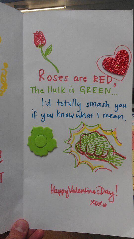 someone is holding up a handmade valentine's day card with the words roses are red, the hulk is green and i'd totally smash you if you know what i mean