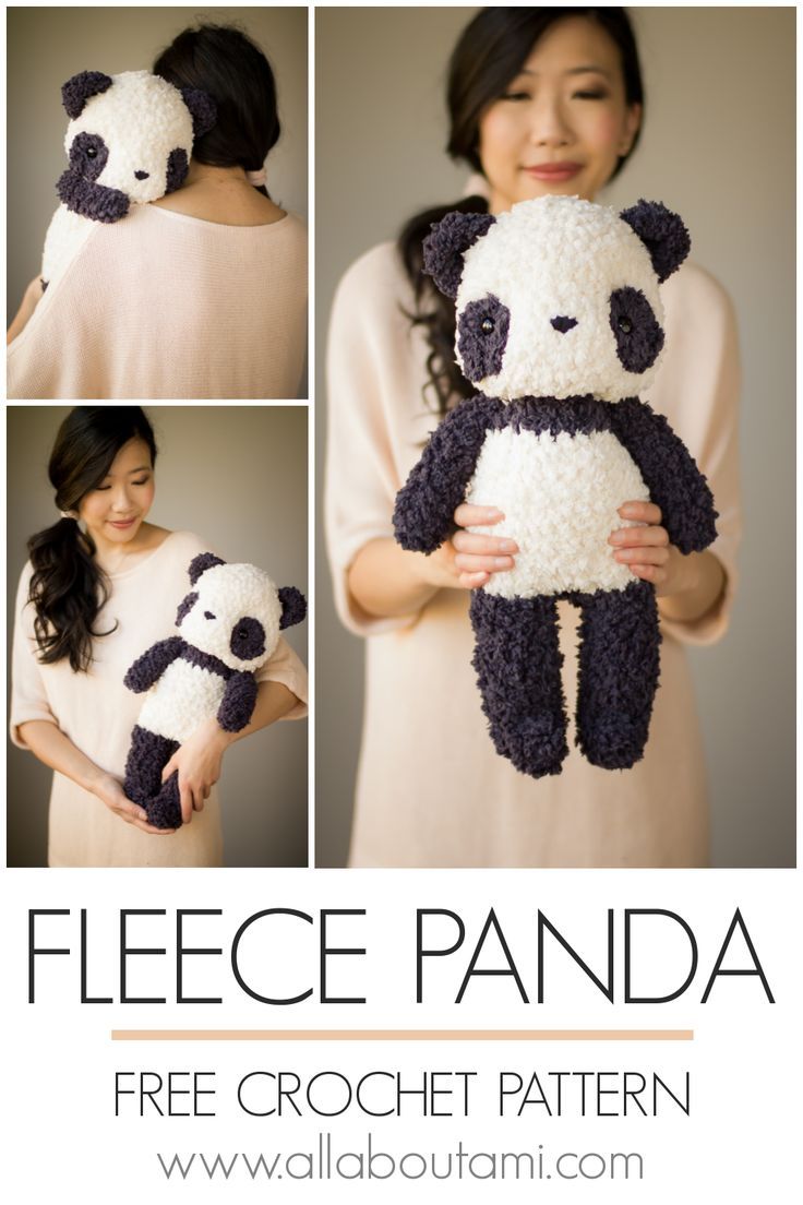 a woman holding a stuffed panda bear made out of crochet and yarn, with the caption fleece panda free croche pattern