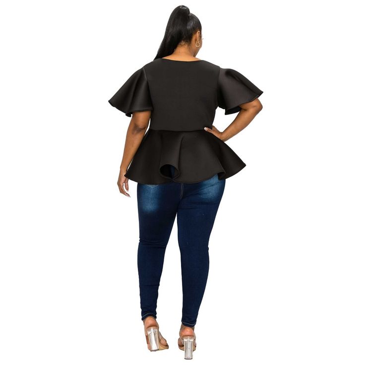 Crafted from airy neoprene fabric, this top holds its eye-catching silhouette effortlessly, ensuring you stand out in any crowd. The unique texture of the fabric adds a touch of modernity to the classic peplum design. Fitted Black Peplum Top, Black Peplum Top With Ruffles, Stretch Peplum Top For Party, Black Fitted Peplum Top For Spring, Fitted Black Peplum Top For Spring, Fitted Black Peplum Top For Night Out, Black Fitted Casual Peplum Top, Chic Fitted Black Peplum Top, Black Peplum Top For Night Out