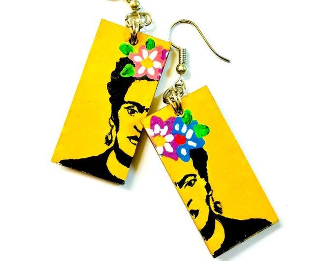 Frida Earrings Floral Yellow Frida Earrings Hand Painted | Etsy Artsy Yellow Earrings With Artistic Design, Artisan Yellow Earrings As Gift, Yellow Earrings With Artistic Design For Gift, Artisan Yellow Earrings For Gift, Artistic Yellow Jewelry With Matching Earrings, Artistic Handmade Yellow Earrings, Yellow Dangle Earrings In Artsy Style, Artistic Yellow Drop Earrings, Artsy Yellow Earrings For Pierced Ears