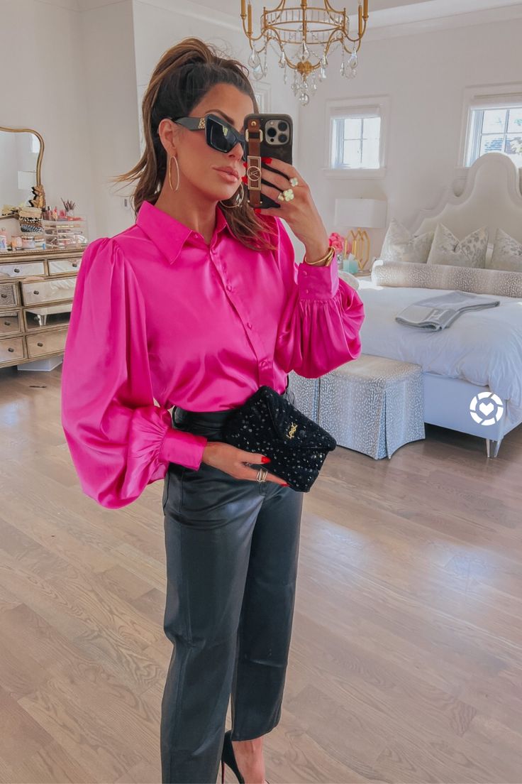 Styling Pink Silk Blouse and Faux Leather Pants. Loewe Sunglasses, YSL Sequin Clutch, Gold Hoop Earrings, Affordable Gold Jewelry, Red Dress Boutique. Fall Try On Haul, Fall Outfits. Trendy Fall Outfits for Women | Fashion Looks | Emily Ann Gemma Trendy Fall Outfits For Women, Pink Blouses Outfit, Silk Top Outfit, Silk Blouse Outfit, Emily Ann Gemma, Fall Outfits For Women, Express Outfits, Emily Ann, Hot Pink Tops