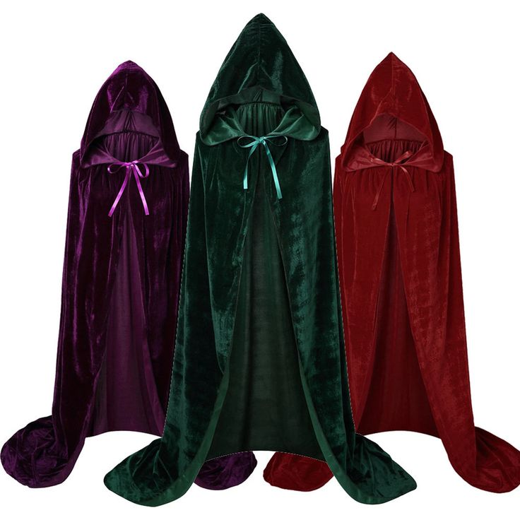 three hooded cloaks in various colors and sizes