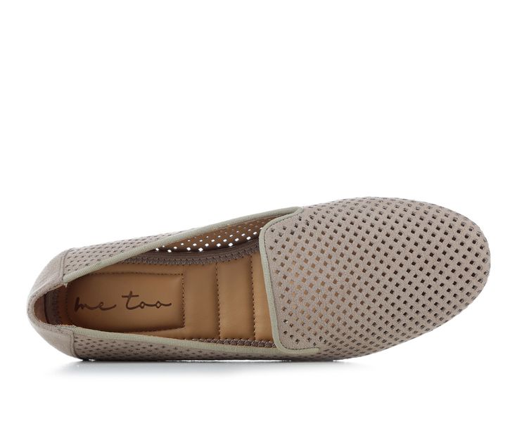 Perforated microsuede upper with synthetic leather lining, Easy slip-on entry, Classic round toe, Cushioned insole with padded heel and synthetic lining, Durable rubber outsole, Me Too branding details | Women's Me Too Becker Flats in Ash Taupe Size 6 Perforated Round Toe Slip-ons, Slip-ons With Perforations And Round Toe, Perforated Slip-ons With Round Toe, Slip-on Flats With Perforated Toe Box, Slip-ons With Perforated Toe Box And Flat Heel, Suede Slip-on Loafers With Perforated Toe Box, Spring Beige Slip-ons With Perforated Toe Box, Beige Slip-ons With Perforated Toe Box For Spring, Beige Slip-ons With Perforated Toe Box And Round Toe