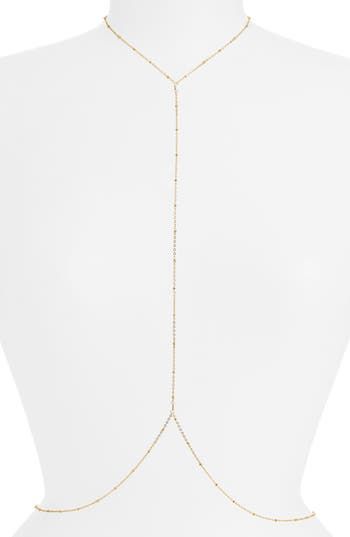 Glam up your look with this dainty body chain detailed with beaded stations for elegant sparkle. 18k-gold plate or sterling silver plate Made in the USA or imported Adjustable Delicate Body Chain, Gold Beaded Chain Adjustable Body Jewelry, Gold Dainty Body Jewelry For Party, Elegant Gold Dangle Body Chain, Gold Delicate Chain Body Chain Gift, Minimalist Gold Body Chain, Dainty Gold Body Chain For Party, Gold Lariat Body Chain Gift, Gold Dangle Body Jewelry With Adjustable Chain