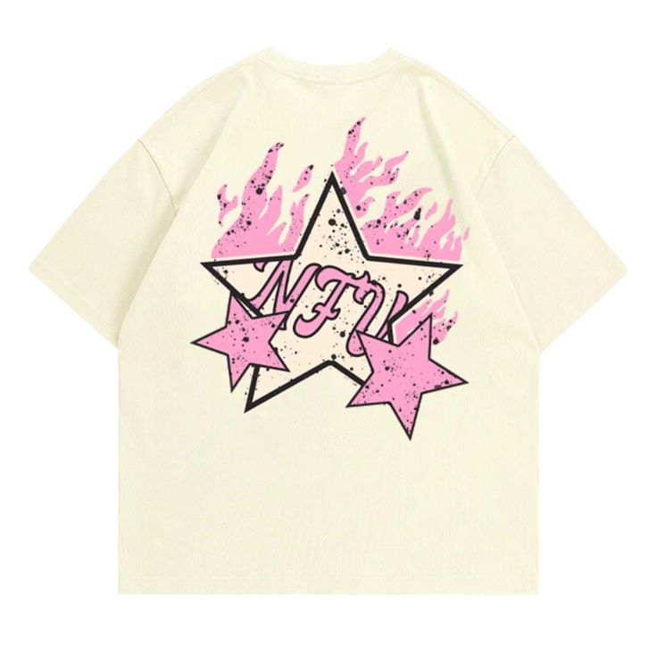 Add a pop of style to your wardrobe with this High Street Pink Star Flame T-Shirt. The t-shirt features a fun, vibrant design with a colorful flame pattern and a stylish star embellishment. Crafted from durable cotton for long-lasting comfort. Features: -100% Cotton -Crew Neckline -Dropped Shoulder -Flame -Star Graphic -Regular fit -High Street style Trendy Star Print T-shirt For Streetwear, Hip Hop Style Logo Print T-shirt For Summer, Summer Hip Hop Style T-shirt With Logo Print, Casual Star Print T-shirt For Streetwear, Trendy Relaxed Fit T-shirt With Star Print, Trendy Star Print Streetwear T-shirt, Spring Crew Neck T-shirt With Star Print, Y2k Summer T-shirt With Graphic Design, Multicolor Hip Hop Tops With Letter Print