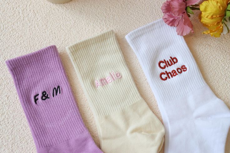 Looking for a special personalized or custom made gift for him or her, that is proven to put a smile on their face? Look no further, our classic embroidered unisex socks can be personalized with your custom embroidered name or initials in any color you like. Whether it is a gift or a personal treat, it is sure to make an impression.Made of high-quality cotton socks, the fabric is flexible. Suitable for sizes 35-44. They have moisture resistance and provide comfort through seamless toe design.toe Personalized Unique Gifts, Team Socks, Different Font Styles, Anniversary Surprise, Personalized Socks, Embroidered Name, Women's Socks, Sports Socks, Different Fonts