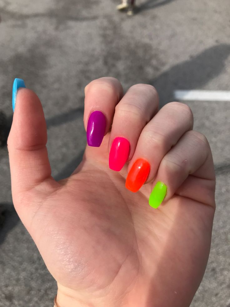 Neon Nails Multicolor, Nails Multicolor, Multicolored Nails, Neon Nail Designs, Neon Nails, Dipped Nails, Spring 2023, Spring Nails, Hair And Nails