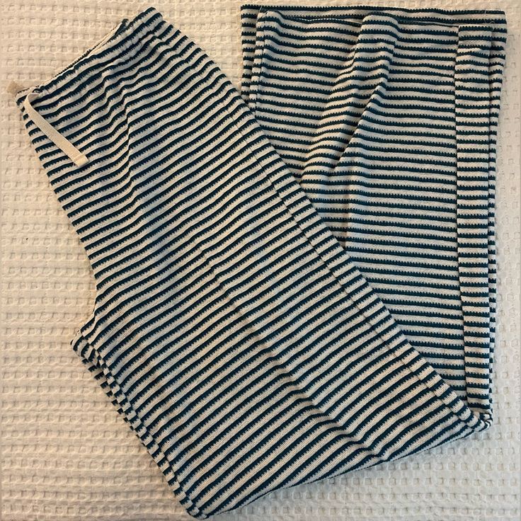 Cotton Striped Pants. Never Worn Striped Stretch Wide Leg Bottoms, Striped Wide Leg Loungewear Bottoms, Striped Stretch Pants For Loungewear, Stretch Striped Pants For Loungewear, Casual Striped Lounging Bottoms, Striped Trousers For Loungewear, Casual Striped Bottoms For Lounging, Blue Lounging Pants With Elastic Waistband, Spring Lounging Blue Pants