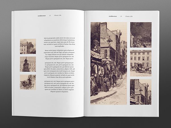 an open book with black and white pictures on it's pages, showing people walking down the street