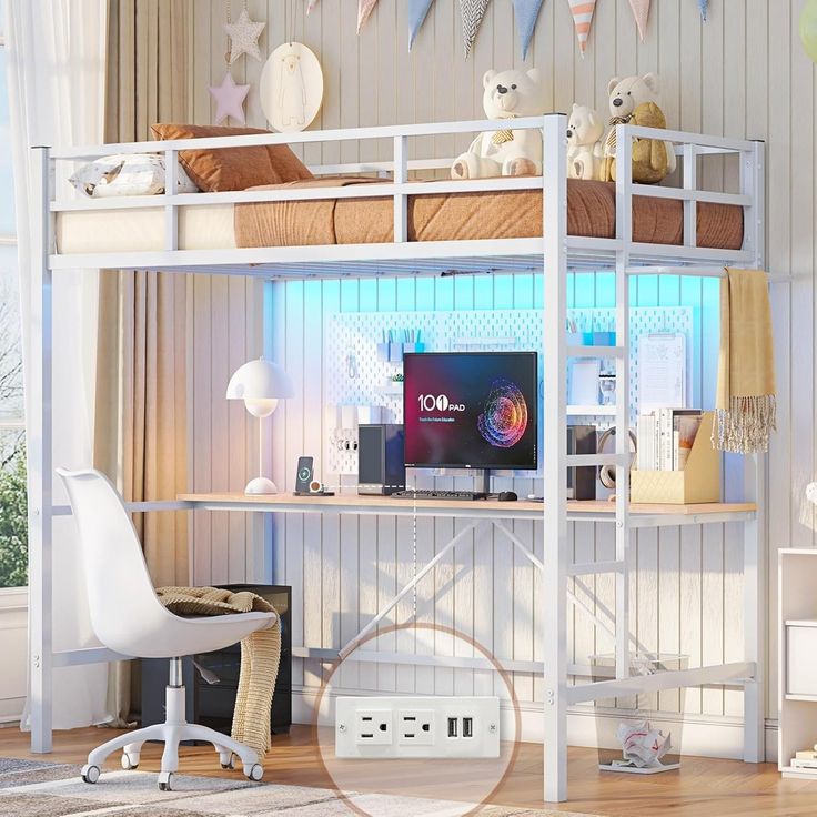 a white bunk bed sitting next to a desk with a computer on top of it