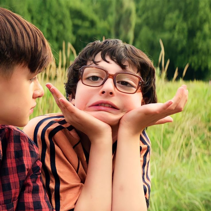 two young boys sitting next to each other with their hands on their faces and looking at the camera