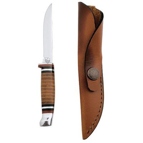 a knife with a brown leather sheath next to it's blade and cover on a white background