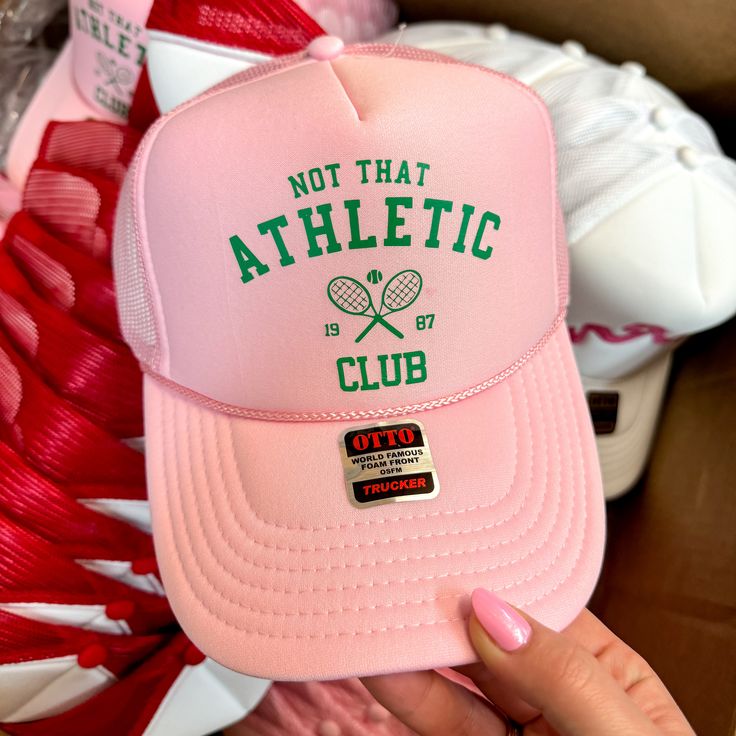 Not That Athletic Club Foam Trucker Hat in Light Pink - Giddy Up Glamour Boutique Cheap Team-colored Trucker Hat For Fans, Sporty Snapback Trucker Hat For Summer, Sporty Trucker Hat For Summer, Graphic Trucker Hat, Spring Sports Trucker Hat, One Size Fits Most, Spring Sports Trucker Hat One Size, Trendy Snapback Hat For Sports, Trendy Summer Sports Snapback Hat, Trendy 5-panel Letter Print Baseball Cap