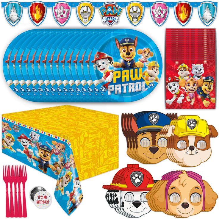 paw patrol party supplies including tableware and decorations