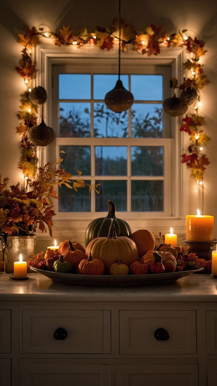 a table with candles, pumpkins and other autumn decorations in front of a window