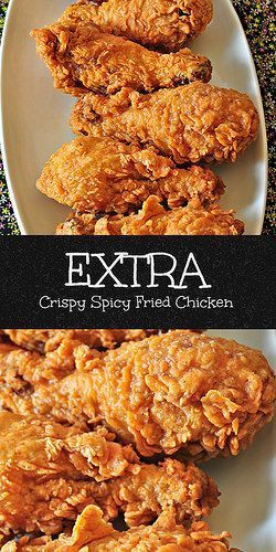 fried chicken on a white plate next to the words extra crispy spicy fried chicken