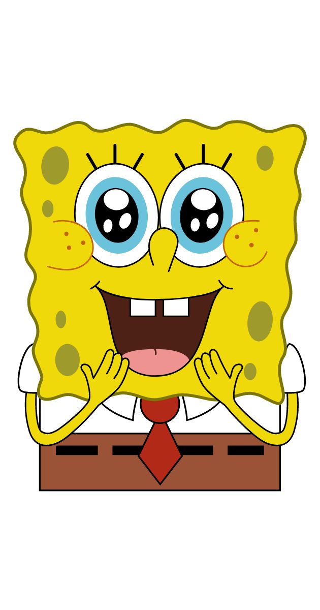 spongebob with big blue eyes and his hands on his chest, standing in front of a white background