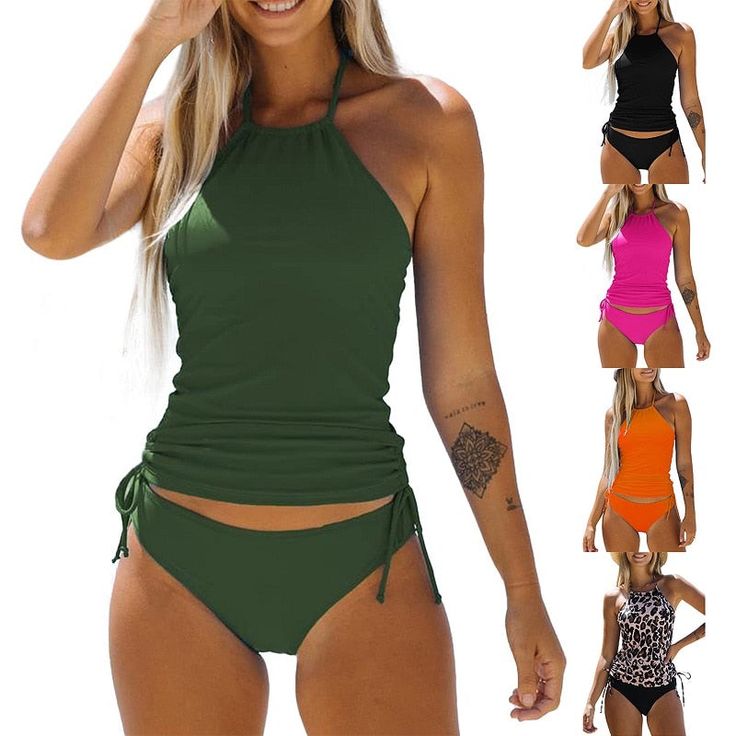 Achieve an on-trend look this season in this two-piece tankini set made from a soft and comfortable fabric with ruched sides and a drawstring halter neck for a perfect fit. A stylish combination of elegance and edge, it's sure to become a staple of your summer wardrobe. Black Bikinis, Boho Swimwear, Backless Crop Top, Clubwear Dresses, Lace Dress Long, Swimsuit Dress, Tankini Set, Plus Size Swimsuits, Womens Bathing Suits