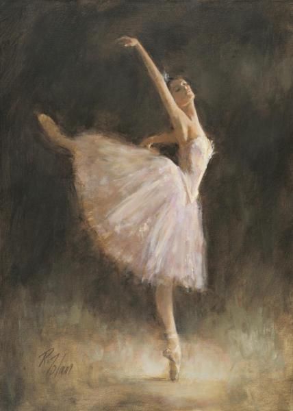 an oil painting of a ballerina in white tutu and pink ballet skirt with her arms outstretched