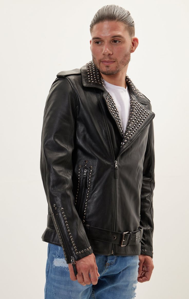 No matter the decade, or really even what you wear it with, biker jackets are effortlessly cool. Made in Turkey from lightweight semi shine lambskin. Our version has all the details of a traditional style, like snap-fastening lapels and zipped cuffs, however with a bit of added flair thanks to the polished studs throughout. 

100% Leather 
Made in Turkey 

Style #71029



Fits true to size, take your normal size


Fit model wears a Medium, his measurements : chest 38"/ neck 15.5" / height 6'0"/ Designer Winter Outerwear With Rivets, Luxury Fall Outerwear With Rivets, Black Leather Jacket With Rivets For Spring, Rocker Leather Outerwear With Long Sleeves, Rocker Style Leather Outerwear With Long Sleeves, Rocker Style Long Sleeve Leather Outerwear, Black Rocker Style Spring Outerwear, Black Winter Outerwear With Rivets, Winter Black Outerwear With Rivets