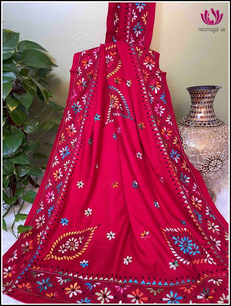 Red Traditional Wear With Floral Embroidery, Traditional Shawl Scarf With Embroidered Border, Red Traditional Wear With Floral Embroidery For Ceremonies, Festival Pashmina Shawl With Embroidered Border, Traditional Red Floral Embroidered Fabric, Red Bollywood Dupatta With Floral Embroidery, Bollywood Style Red Dupatta With Floral Embroidery, Bohemian Pashmina Scarves With Floral Embroidery, Resham Embroidery Shawl For Traditional Ceremonies