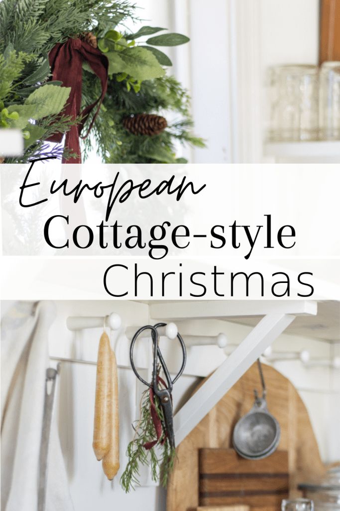 a christmas wreath with scissors hanging from it and the words european cottage - style christmas