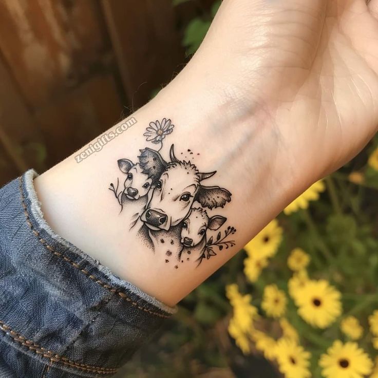 a woman's arm with a cow and flowers tattoo on her left side wrist