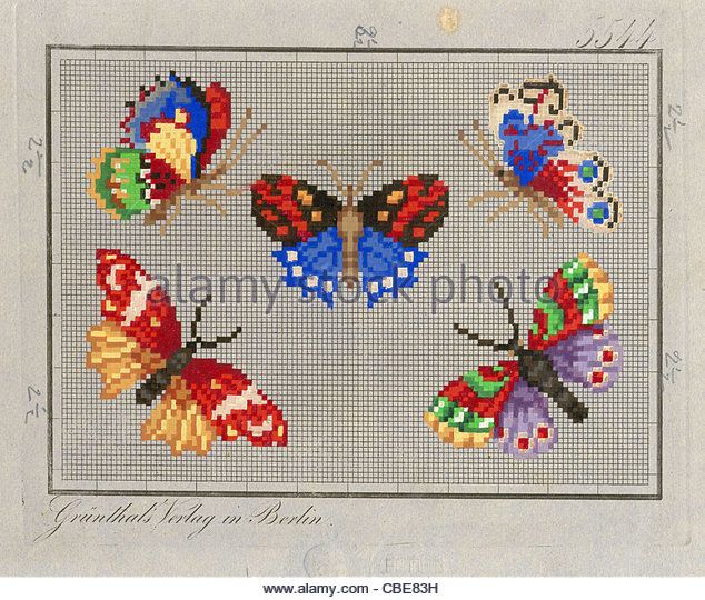 a cross stitch pattern with four colorful butterflies