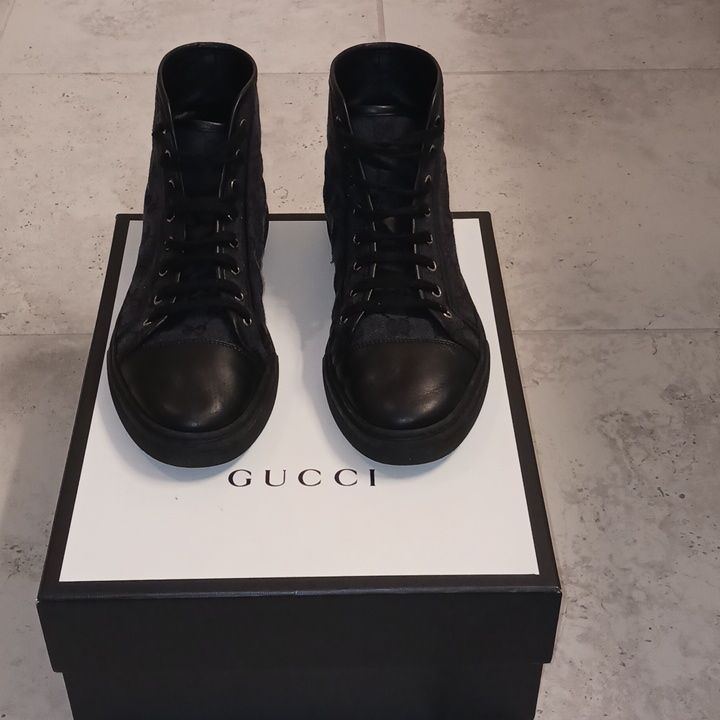 Gucci Sneakers Solid Black Shoe Black Insole, Black Bottom Sole With "Gucci" Logo Along With Imprinted Palm Tree Black Laces Leather At The Toe And Threading Of The Shoe Nylon Threading Black Shoe, Gucci Sneakers, Black Bottom, Gucci Logo, Shoe Black, Gucci Black, Gucci Shoes, Black Bottoms, Black Laces