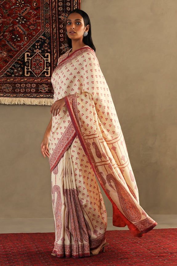 Cream silk saree with all over miniature geometric butti prints, accentuated with paisley motifs. Paired with a kashida embroidery work blouse. - Aza Fashions Cream Silk Saree, Kashida Embroidery, Cream Saree, Embroidery Work Blouse, Paisley Motifs, Ritu Kumar, Silk Saree With Blouse, Cream Silk, Blouse For Women