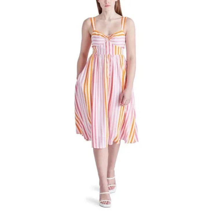 .Stripe Pattern Midi Dress .Sweetheart Neckline, Sleeveless .100% Linen .Imported Chic Vertical Stripes Midi Dress For Beach, Chic Beach Midi Dress With Vertical Stripes, Summer Midi Dress With Vertical Stripes, Chic Midi Dress With Vertical Stripes For Beach, Knee-length Spring Dress With Vertical Stripes, Spring Knee-length Dress With Vertical Stripes, Spring Knee-length Midi Dress With Vertical Stripes, Chic Striped Daywear Dresses, Pink Vertical Stripe Summer Dress