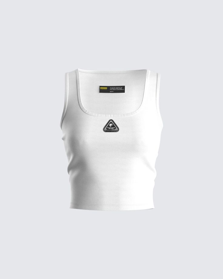 Ezra White Logo Tank Top – FINESSE Basic Racerback Top For Streetwear, White Cotton Sporty Tank Top, White Trendy Racerback Tops, White Cotton Basic Tank Top, Trendy White Racerback Top, Basic White Cotton Tank Top, White Racerback Trendy Tops, White Athleisure Tank Top For Summer, White Sleeveless Crop Top For Streetwear