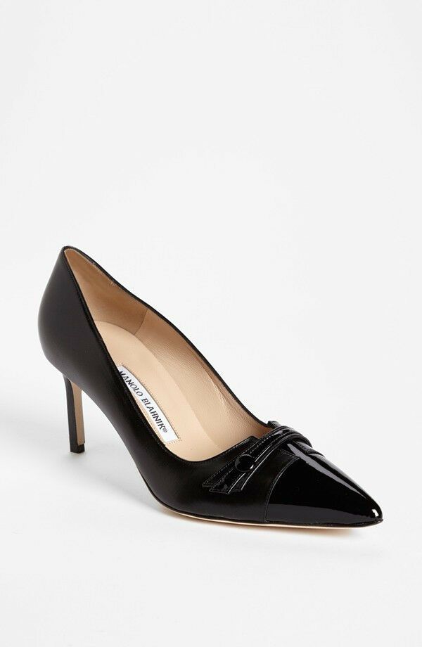 NIB Manolo Blahnik OKAVA Black Leather Patent Pointed Pump Shoes Sz 39.5  100% Authentic Guaranteed or your money back! Retails for $810+ Tax   Description:  Elegantly layered leathers refine the mixed-media construction of a lean, single-sole pump. Size: Us 9.5-9 / EU 39.5 Approx. insole length: 10 4/8". Color Name: Black Pointed Toe Approx. heel height: 3" Leather & Patent leather upper, leather lining and sole. Made in Italy Condition:   B Black Patent Pumps, Half Boots, Pointed Pumps, Heart Shoes, Black Patent Leather, Manolo Blahnik, Pump Shoes, Shoes Women Heels, Women's Shoes