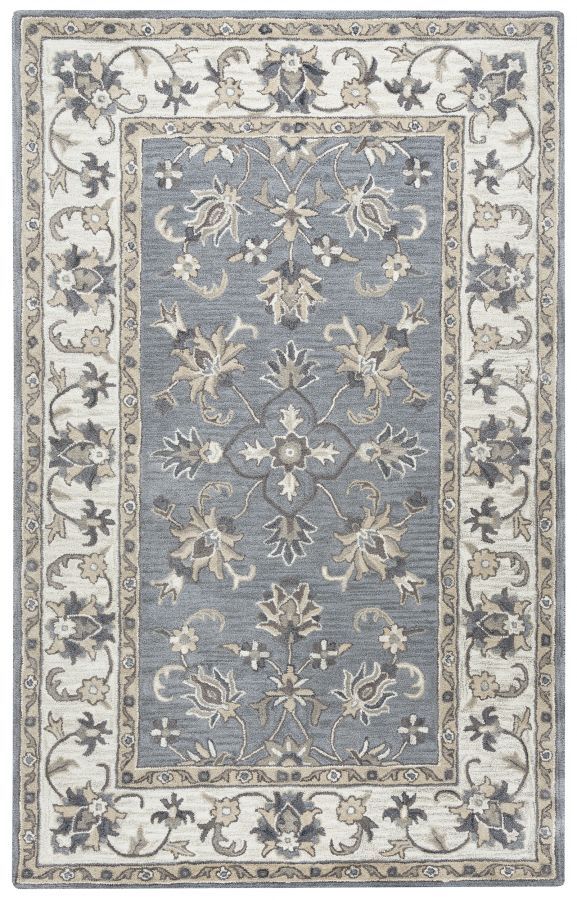 a blue and beige rug with an ornate design