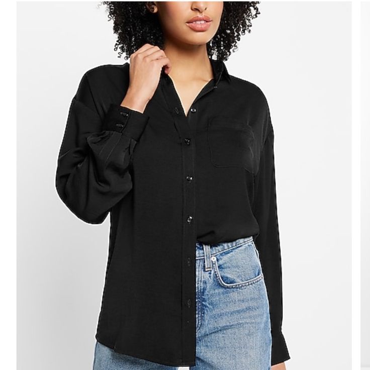 Brand New With Tags Size Xs Express Black Satin Boyfriend Button Up Shirt Blouse Top Tee Long Sleeve Size Xs Versatile Black Button-up Shirt, Relaxed Fit Trendy Blouse For Business Casual, Trendy Relaxed Fit Blouse For Business Casual, Business Casual Button-up Blouse With Button Closure, Versatile Button-up Tops For Business Casual, Chic Long Sleeve Tops With Snap Buttons, Chic Button-up Shirt With Button Closure, Trendy Button-up Blouse With Button Cuffs, Trendy Business Casual Blouse With Button Closure