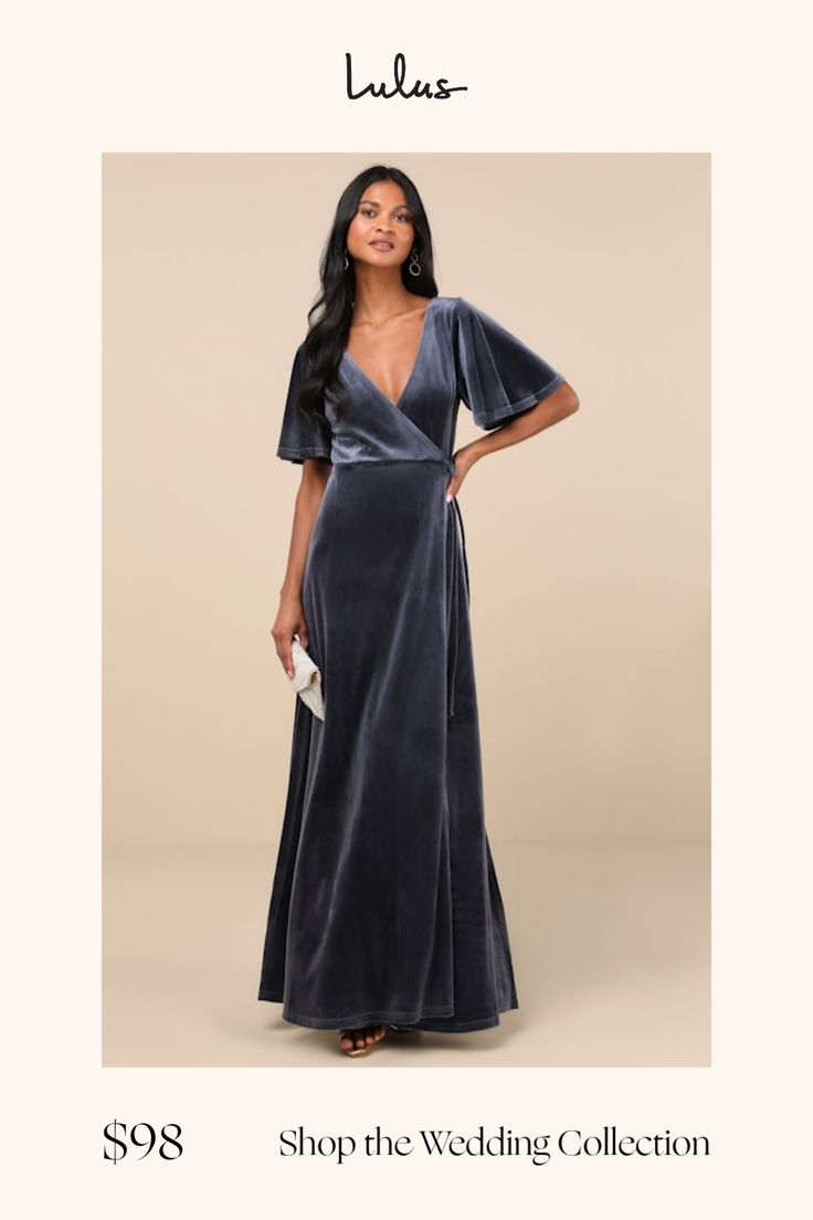 Establish that your sense of style is sensational by arriving on the scene in the Lulus Defining Elegance Slate Blue Velour Short Sleeve Wrap Maxi Dress! Ultra-soft and plush velvet velour shapes this stunning dress that features a princess-seamed bodice with a surplice neckline and a V-cut back, framed by fluttery short sleeves. A slender tie threads the waist and secures at the side to create an adjustable fit, atop a flowy, A-line skirt with an overlapping design and a sweeping maxi hem. Fit: Overlapping Design, Velour Shorts, Velvet Wrap Dress, Wrap Maxi Dress, Bridal Party Dresses, Surplice Neckline, Maxi Wrap Dress, V Cut, Dress Small