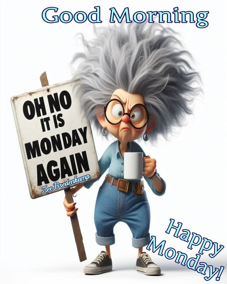 a cartoon character holding a coffee cup and a sign that says, good morning oh no it's monday again