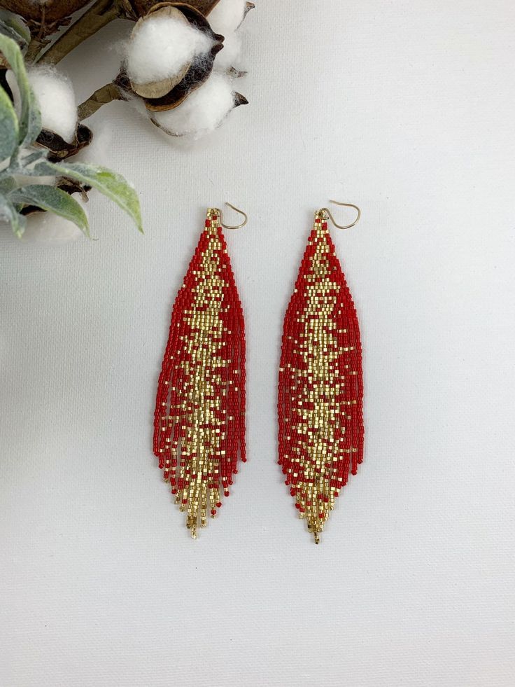 Red and Gold Galaxy Beaded Earrings Statement Boho Earrings - Etsy Denmark Turquoise Statement Earrings, Gold Galaxy, Long Statement Earrings, Shoulder Duster Earrings, Blue Beaded Earrings, Native American Beaded Earrings, Brick Stitch Pattern, Earrings Christmas, Native American Beading