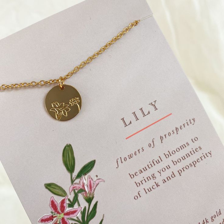 Lily, flower of prosperity. This beautiful 14k gold dipped necklace is perfect as a birthday present! 16-18in adjustable Lily Necklace Flower, Lily Flower Necklace, Gold Necklace For Bridesmaid Gift, Gold-plated Birth Flower Jewelry For Mother’s Day, Gold Plated Birth Flower Jewelry For Mother's Day, Adjustable Birth Flower Necklace As Gift For Her, 14k Gold Filled Flower Necklace, Adjustable Flower Pendant Jewelry Gift For Mom, Adjustable Birth Flower Necklace For Her