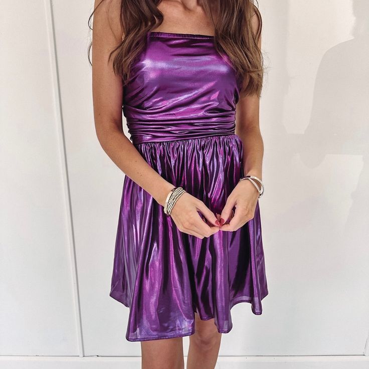 - 95% Polyester, 5% Spandex - True to size - Model is pictured in a size small - Metallic purple color Colored Contacts, Purple Color, Spandex, Purple, Color