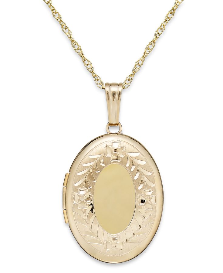 An heirloom-worthy keepsake. This polished necklace features an oval locket replete with intricately engraved detailing. Crafted in 14k gold. Approximate length: 18 inches. Approximate drop: 1-1/5 inches. Antique Oval Jewelry With Polished Finish, Elegant Oval Link Locket Jewelry, Macy's Oval Gold Jewelry, Classic Oval Engraved Necklace, Classic Oval Engraved Necklaces, Classic Oval Jewelry From Macy's, Oval 14k Stamped Yellow Gold Jewelry, Engraved Yellow Gold Oval Pendant, Engraved Yellow Gold Oval Pendant Jewelry