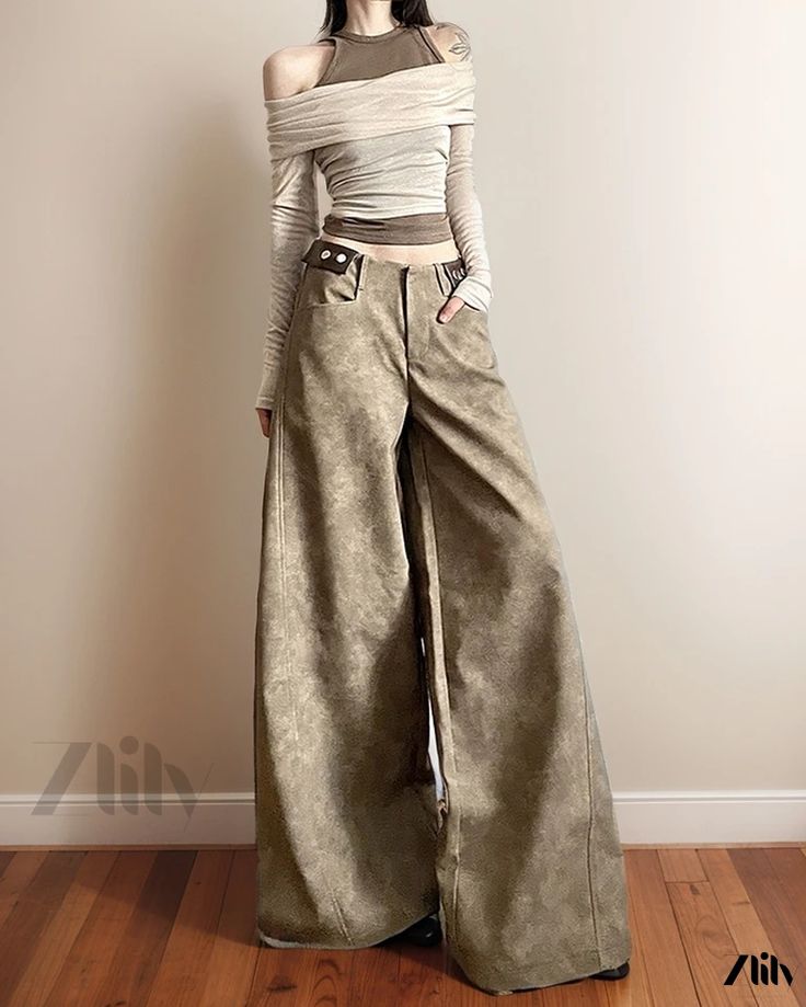 Zlily - Fashionable High-waisted Wide-leg Pants Chic Baggy Wide Leg Pants For Fall, Fall High Waist Baggy Bottoms, Spring Baggy Wide-leg Parachute Pants, Spring Full-length Harem Pants, Chic High-waist Baggy Harem Pants, Chic Baggy High-waisted Wide Leg Pants, Trendy Full Length Pants For Fall, Trendy Full Length Fall Pants, High Waist Baggy Pants For Fall