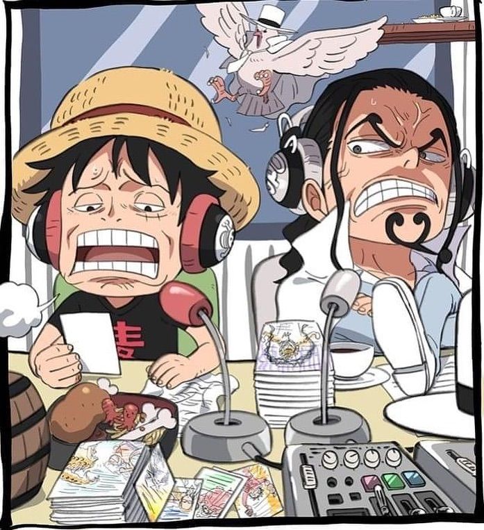 two cartoon characters sitting at a table with food in front of them and one has his headphones on