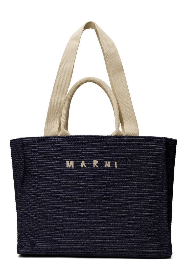 Marni: Navy East-West Small Tote | SSENSE Chic Tote Bag With Embroidered Logo, Top Handle Shoulder Bag With Embroidered Logo For Shopping, Everyday Top Handle Bag With Embroidered Logo, Top Handle Bag With Embroidered Logo, Summer Shoulder Bag With Embroidered Logo And Double Handle, Summer Shoulder Bag With Double Handle And Embroidered Logo, Chic Top Handle Bags With Embroidered Logo, Shopping Bags With Double Handle And Embroidered Logo, Chic Shoulder Bag With Embroidered Logo And Double Handle