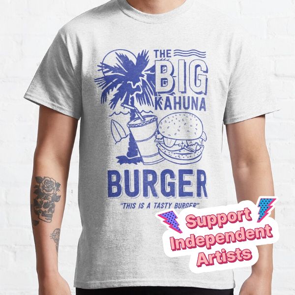 Standard fit with double-needle hems for durability. Solid colors are 100% preshrunk cotton, heather colors are cotton blend. Range of colors available, with the option to print on front or back. Size range S-3XL, suitable for men and women. For fans of classic movie references featuring The Big Kahuna Burger. "This is a tasty burger!" Big Kahuna Burger, Tasty Burger, Movie References, Big Kahuna, Delicious Burgers, Solid Colors, Classic T Shirts, Cotton Blend, Solid Color