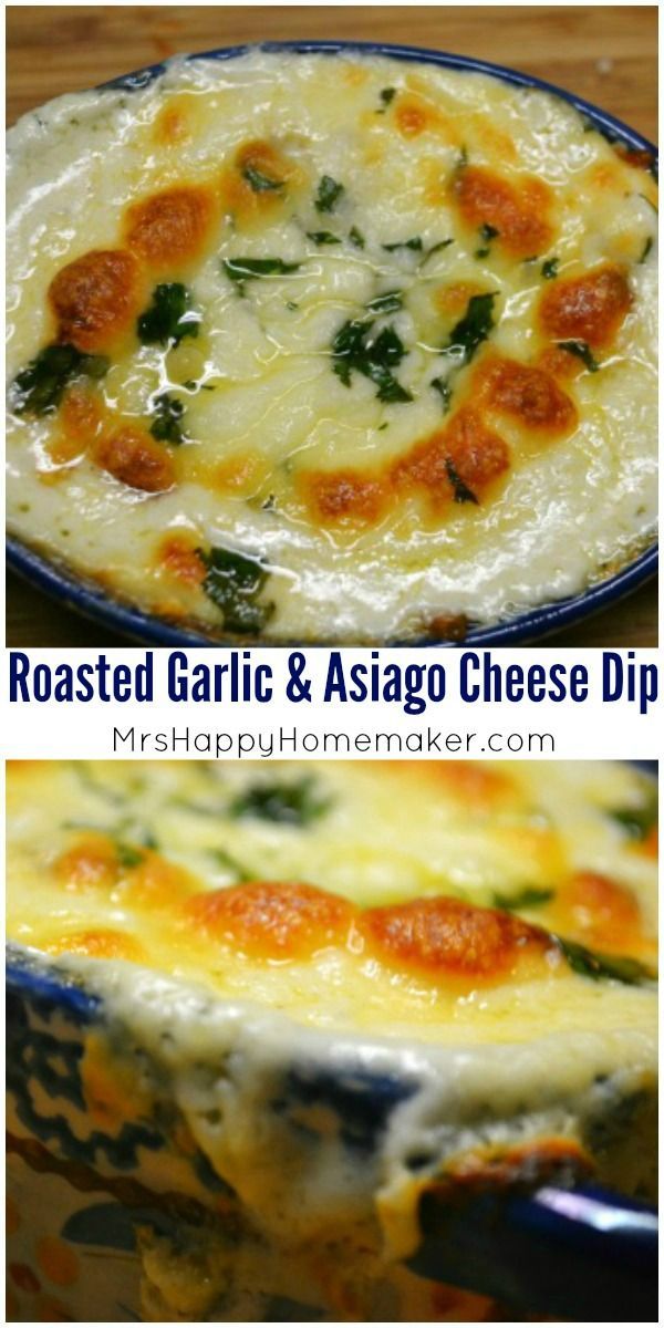 two pictures of baked garlic and asparage cheese dip in a blue dish on a wooden table