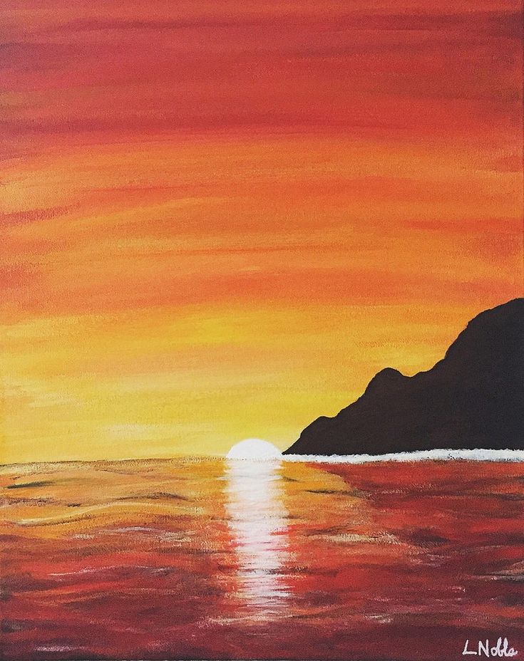 an acrylic painting of a sunset over the ocean with mountains in the distance