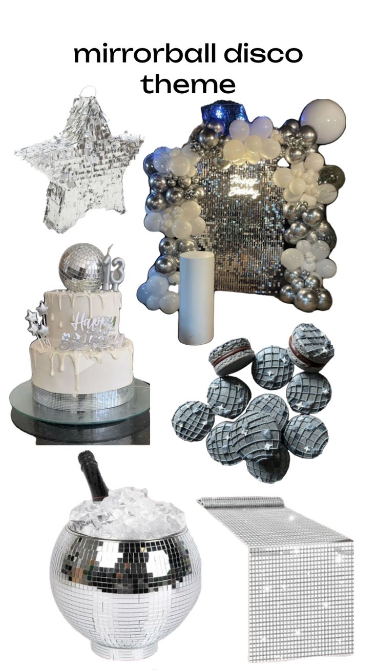 various disco balls, cake and other items are arranged in the shape of a mirror ball