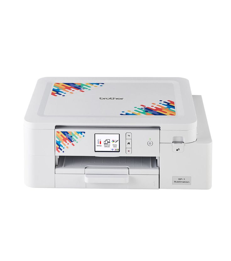 the printer is white and has multicolored lines on it's side,